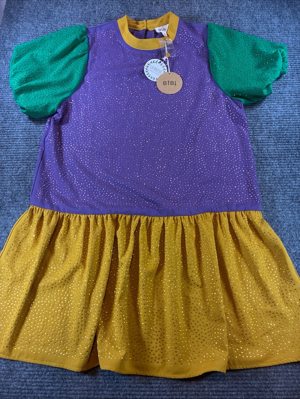 BiBi Mardi Grad Rhinestone Colorblock Puff Sleeve Babydoll Dress NWT Large